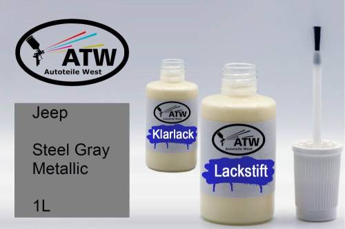 Jeep, Steel Gray Metallic, 1L: 20ml Lackstift + 20ml Klarlack - Set, von ATW Autoteile West.